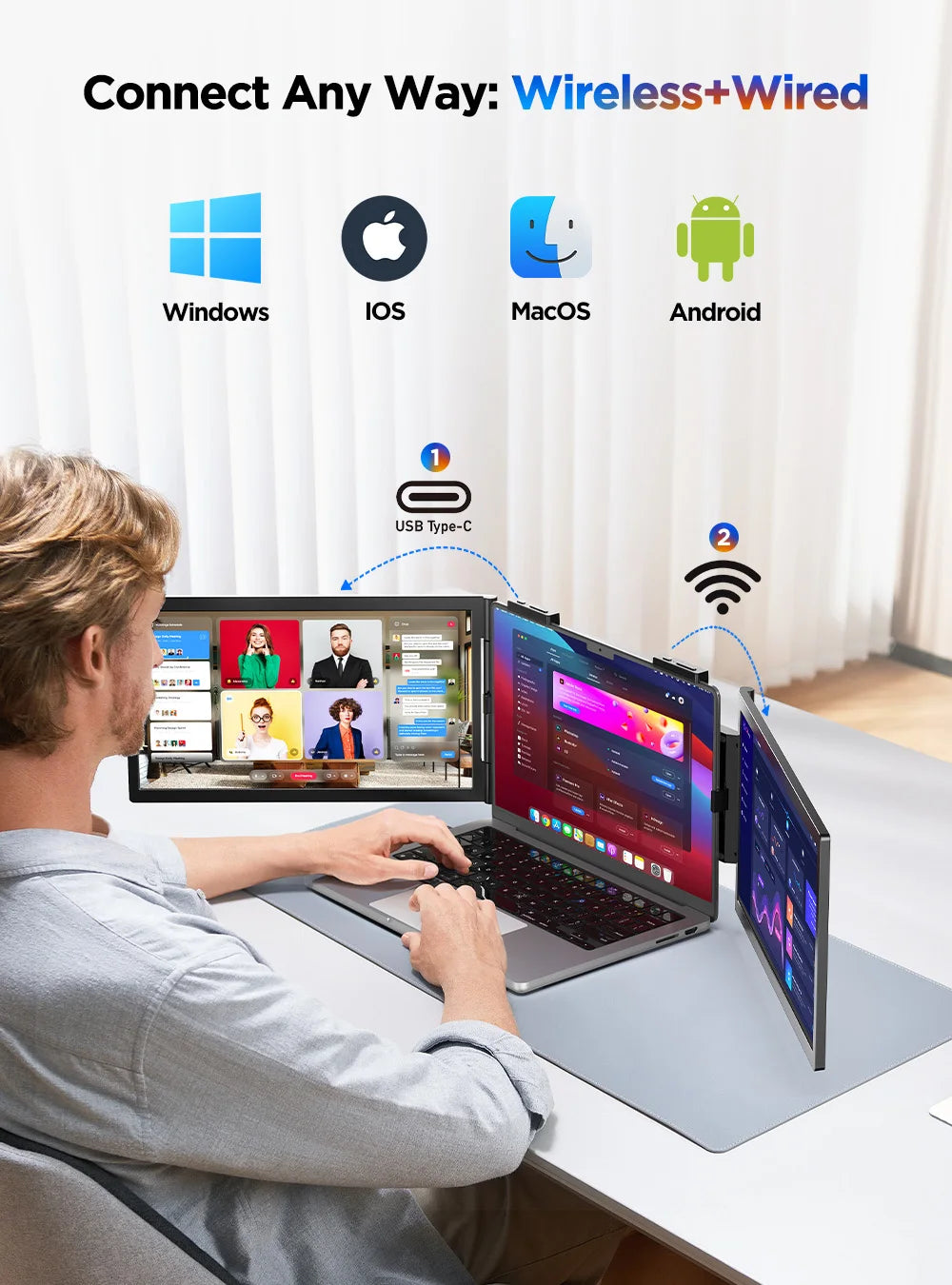 UPERFECT 14'' Wireless Portable Monitor Triple Laptop Screen Extender 1080 FHD Travel Display For 13.3"-17" Laptops PC Mac XBOX - Limetastore