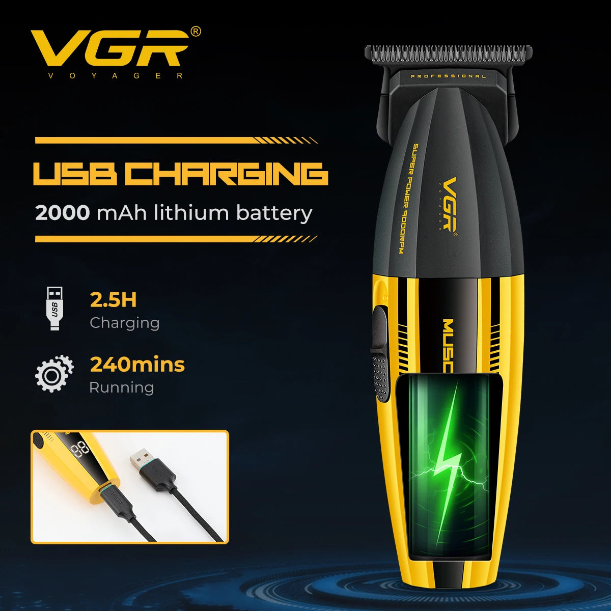 VGR V-285 Professional Hair Clipper – 9,000 RPM, 150-Min Runtime, 6 Combs
