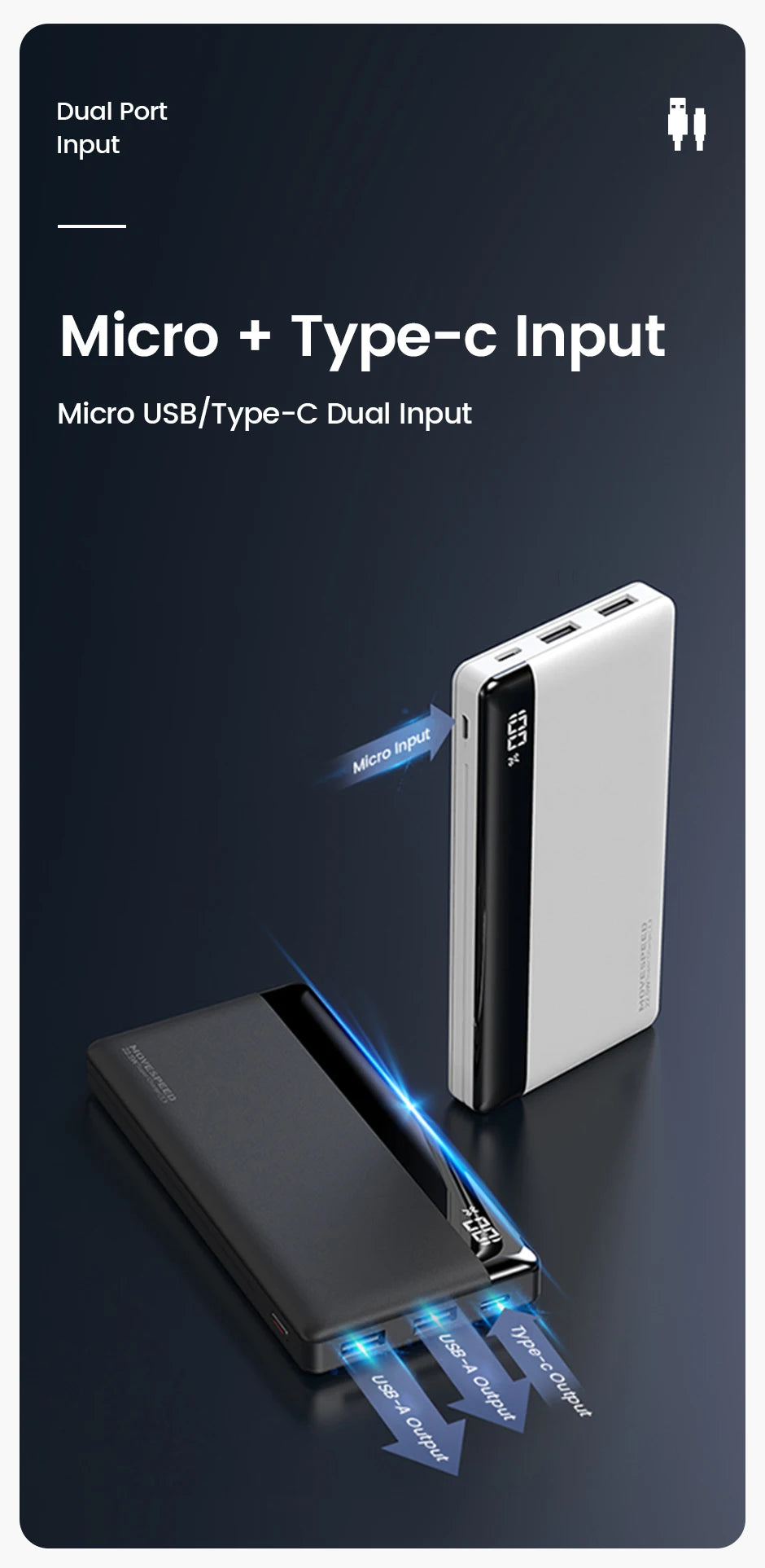 MOVESPEED K10 Power Bank 10000mAh Dual USB A Ports Fast Charging External Large Battery for iPhone 15Pro Samsung S23 Xiaomi 14