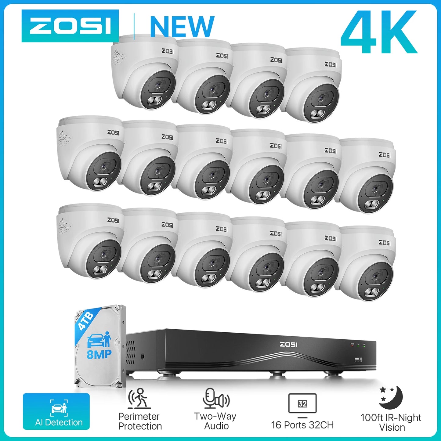 ZOSI 4K 16-kanalni varnostni sistem s kamerami PoE – 8MP notranje/zunanje IP kamere s 16-portnim 32-kanalnim NVR-jem