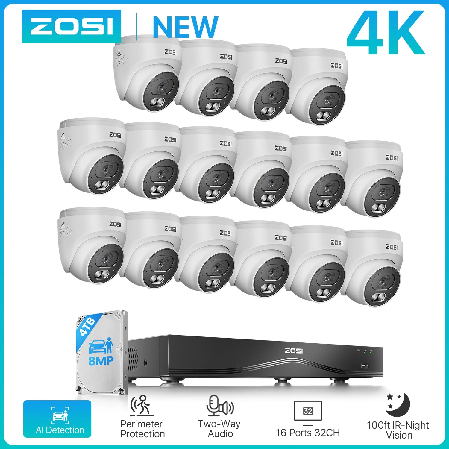 ZOSI 4K 16-kanalni varnostni sistem s kamerami PoE – 8MP notranje/zunanje IP kamere s 16-portnim 32-kanalnim NVR-jem