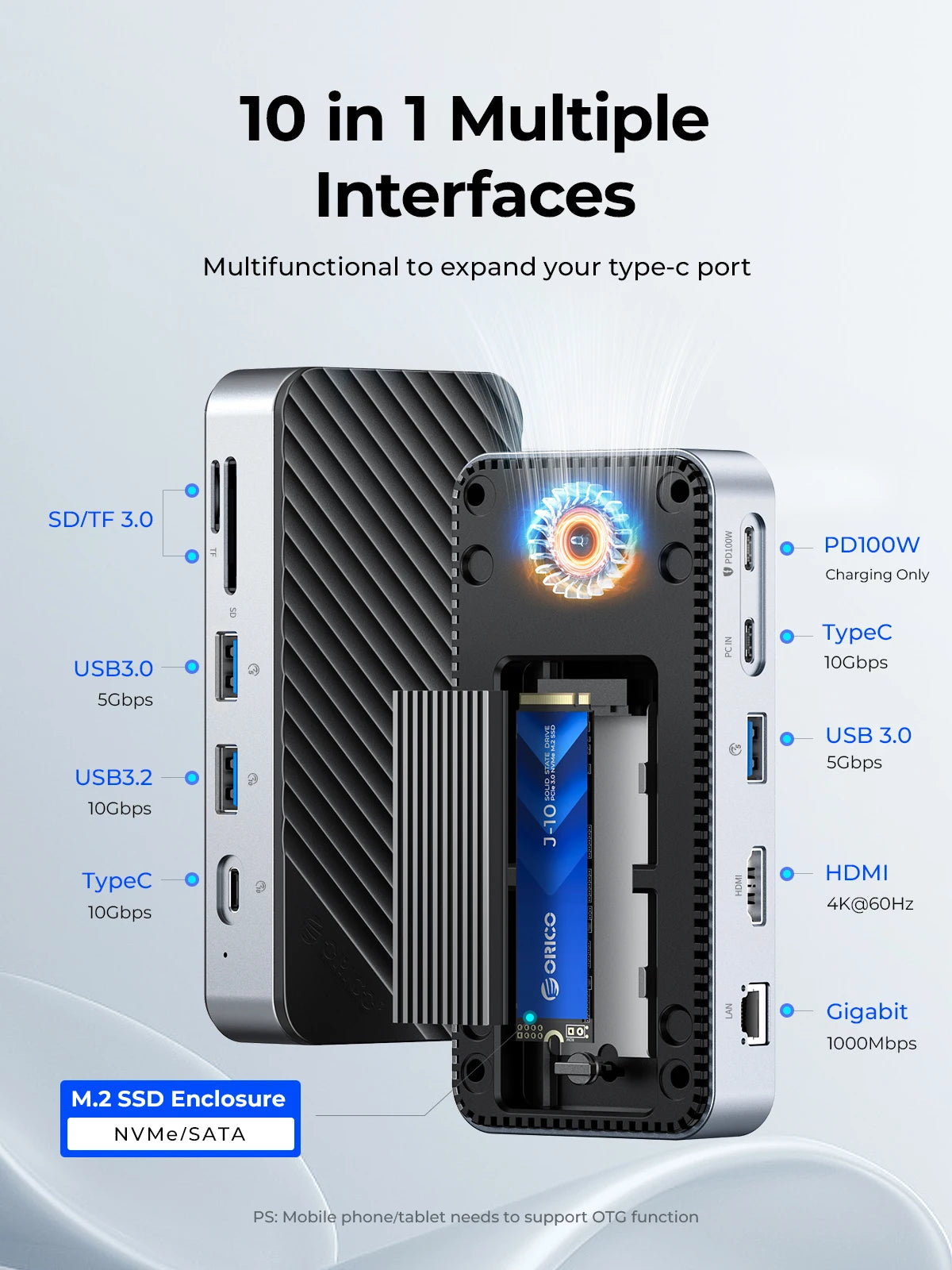 Priklopna postaja ORICO USB-C z ohišjem M.2 NVMe/SATA SSD (10 Gb/s), hladilni ventilator