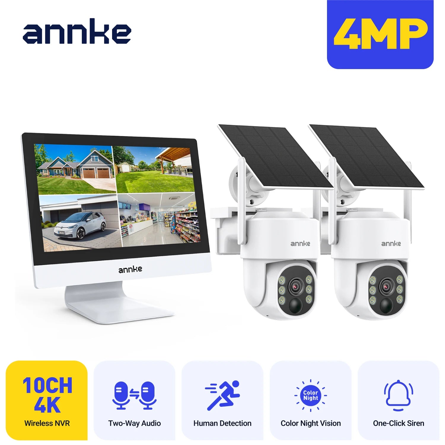 ANNKE 4MP solarni CCTV sistem | 10-kanalni NVR, 5MP PTZ WiFi kamere, PIR in barvni nočni vid