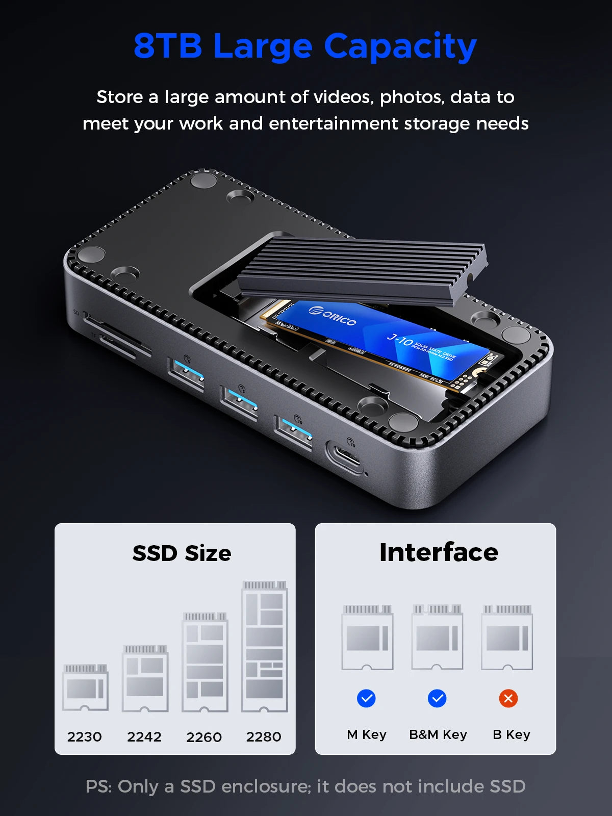 ORICO 10Gbps USB-C zaslonsko zvezdišče z ohišjem M.2 NVMe/SATA SSD, hladilnim ventilatorjem, 4K60Hz HDMI