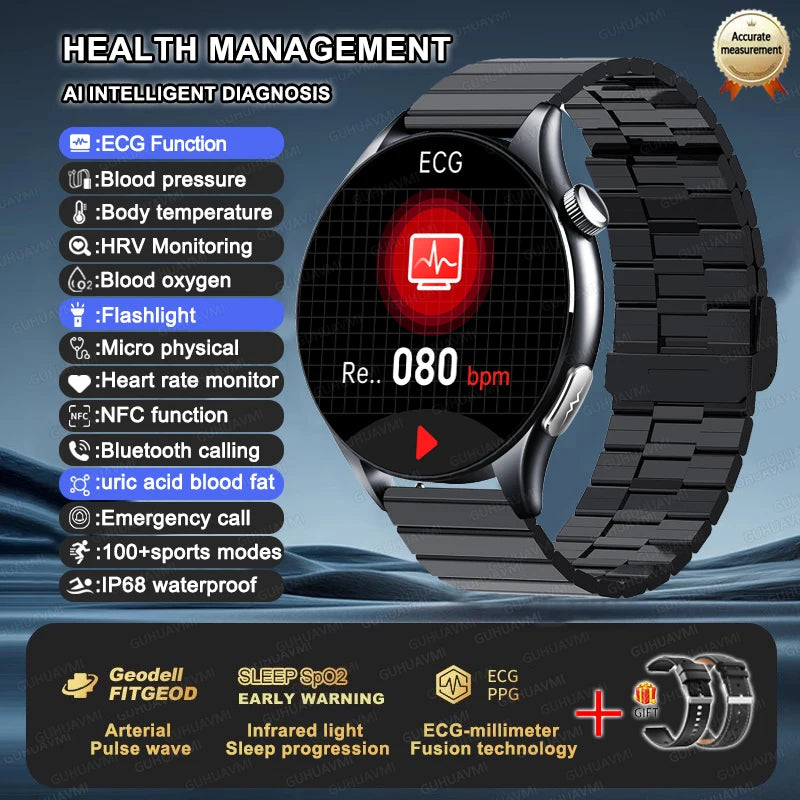 2025 New BMI Body Fat Blood Analysis Health Smartwatch NFC Bluetooth Call Smart Watch Led Flashlight Outdoor Sports Clock's Men - Limetastore