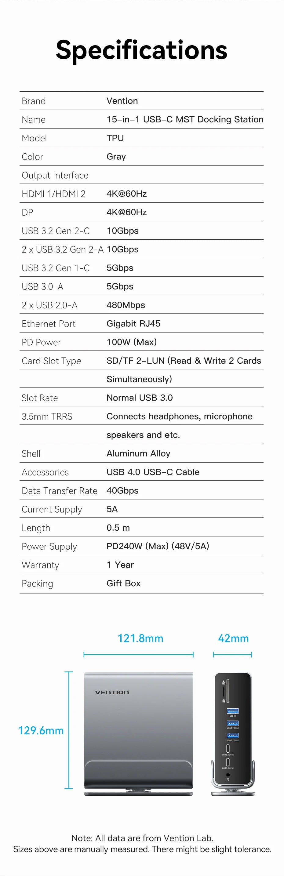 Vention USB‑C 15‑in‑1 Dock | Triple Monitor 4K 60Hz HDMI + DP, USB 3.2, PD 100W for MacBook & Windows