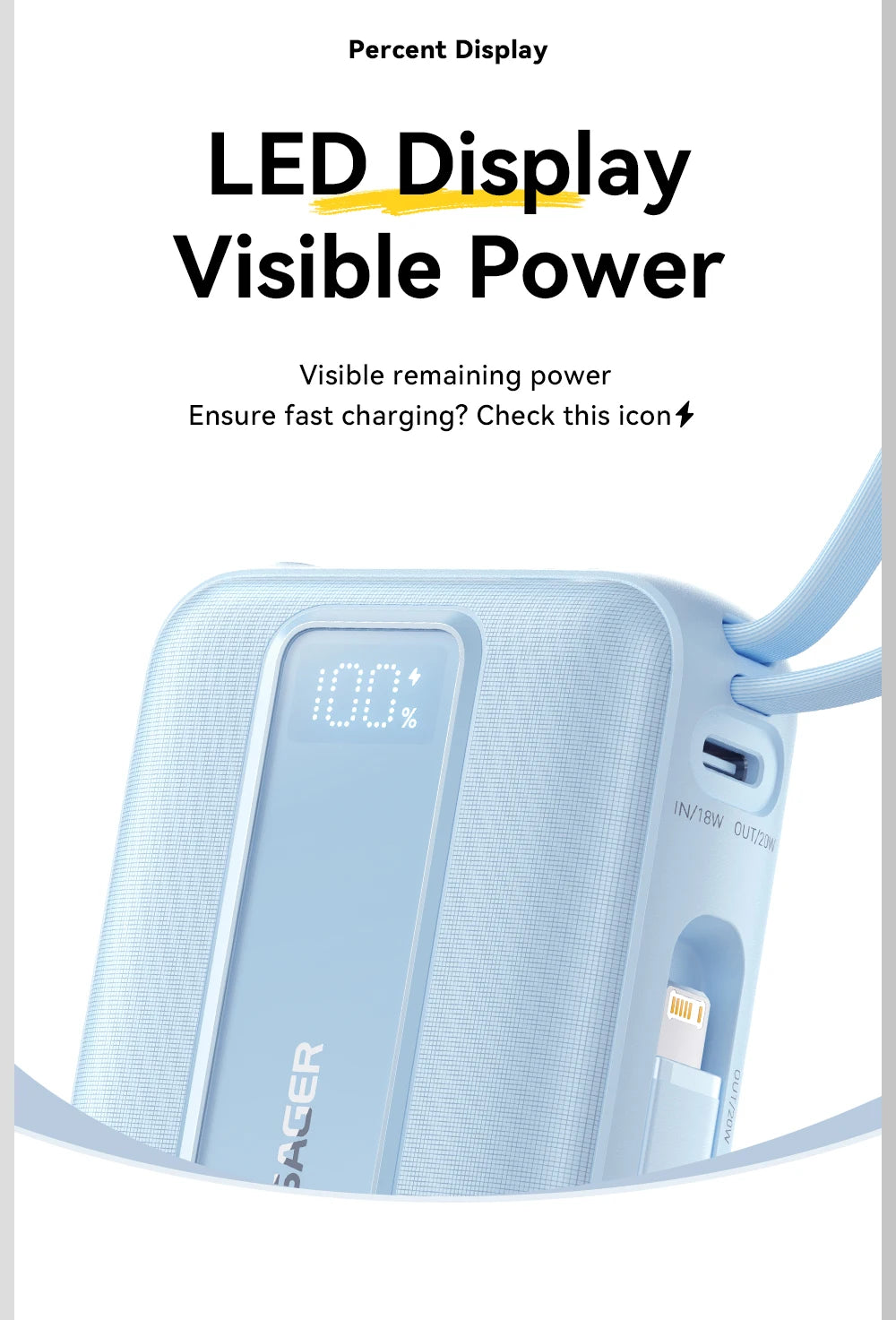ESSAGER Mini prenosna baterija 20000mAh s kabli 22.5W PD