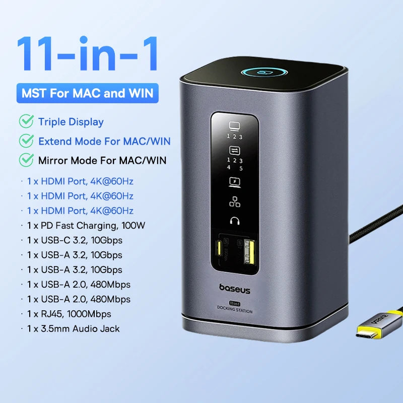 Baseus 11‑v‑1 zvezdišče USB‑C | HDMI + DP 4K@60Hz MST trojni zaslon, USB 3.2, RJ45, PD100W, magnetna priklopna postaja