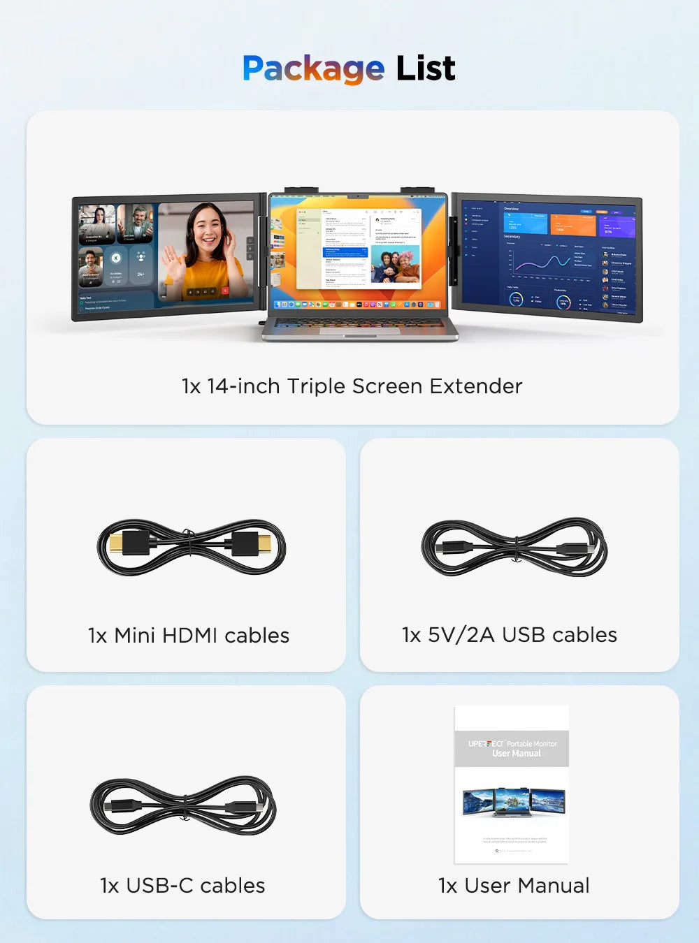 UPERFECT 14'' Wireless Portable Monitor Triple Laptop Screen Extender 1080 FHD Travel Display For 13.3"-17" Laptops PC Mac XBOX - Limetastore