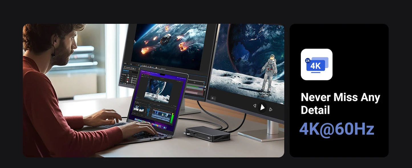 UGREEN 9‑v‑1 priklopna postaja DisplayLink USB‑C z dvojnim 4K60Hz
