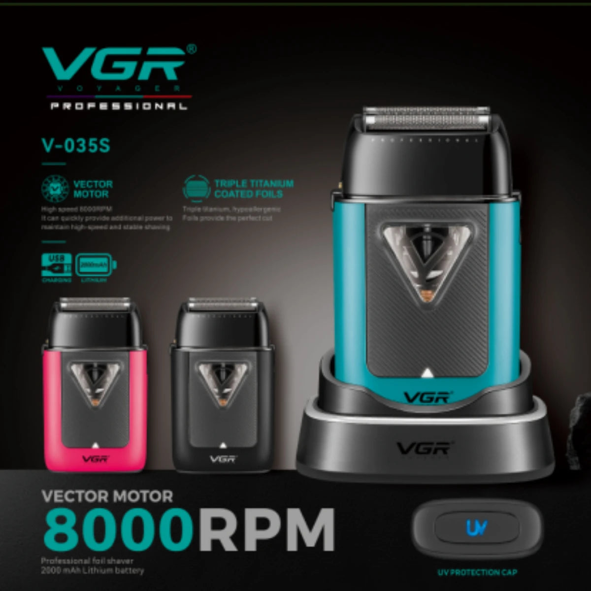 VGR V-035S Professional Foil Shaver – Vector Motor, 200-Min Runtime, IPX6 Waterproof