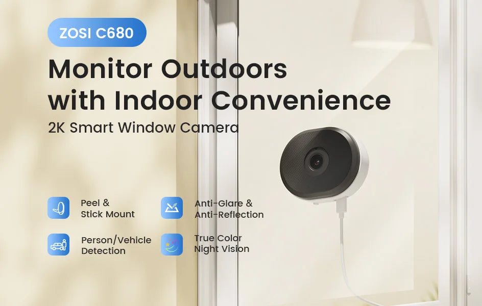 ZOSI C680 2K 3MP Window Security Camera – Full‑Color Night Vision, Indoor Plug‑In WiFi