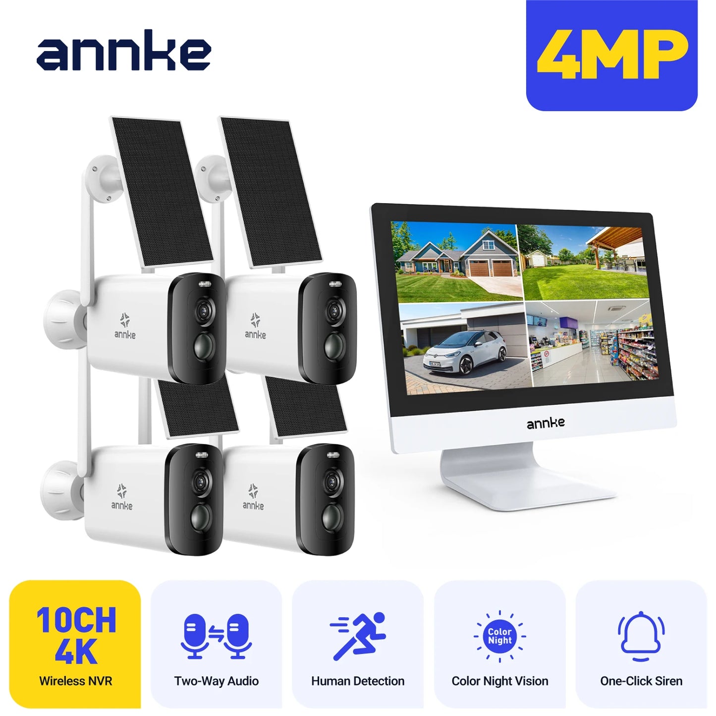 ANNKE 4MP solarni CCTV sistem | 10-kanalni NVR, 5MP PTZ WiFi kamere, PIR in barvni nočni vid