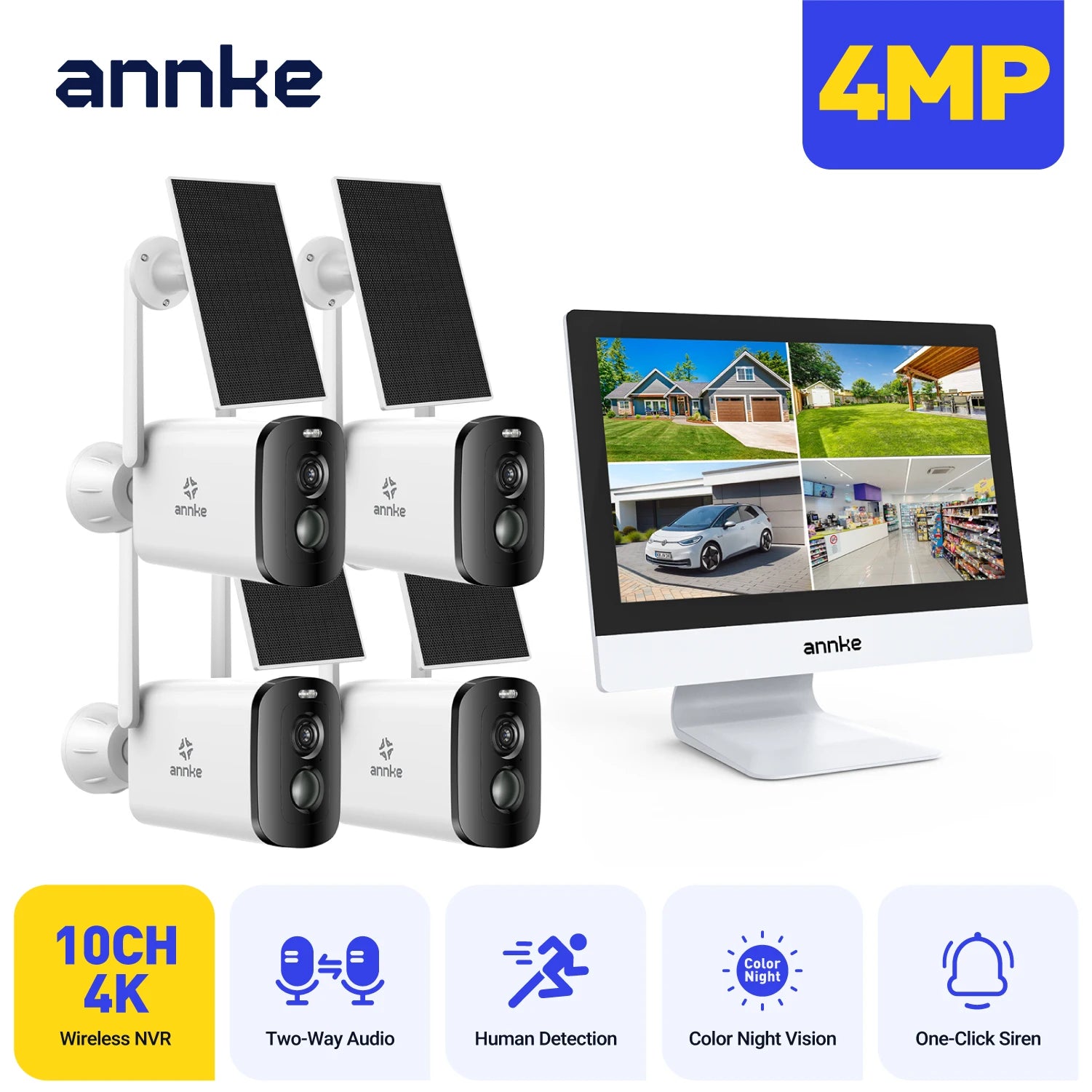 ANNKE 4MP solarni CCTV sistem | 10-kanalni NVR, 5MP PTZ WiFi kamere, PIR in barvni nočni vid