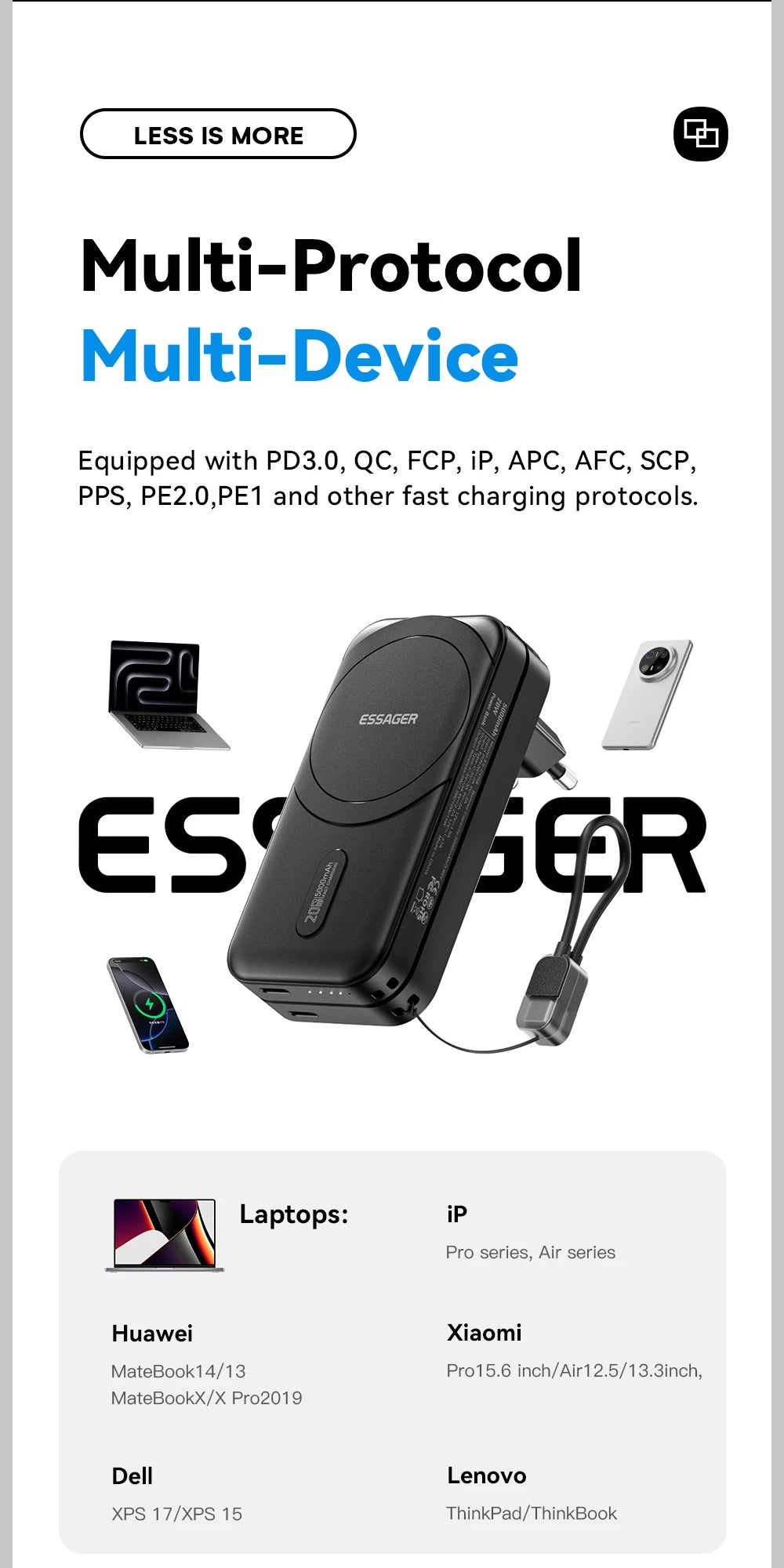 ESSAGER 3-v-1 magnetna 65W GaN polnilna baterija 5000 mAh