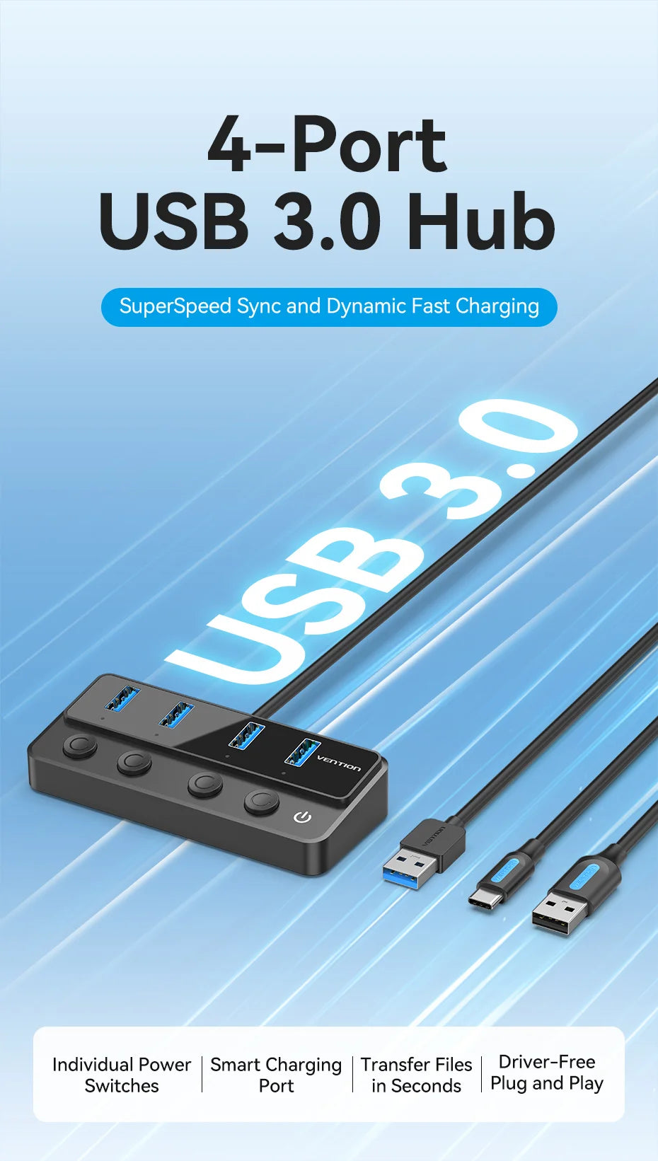 Vention USB 3.0 HUB s posameznimi stikali | 5Gbps visokohitrostni podaljšek USB-A vrat