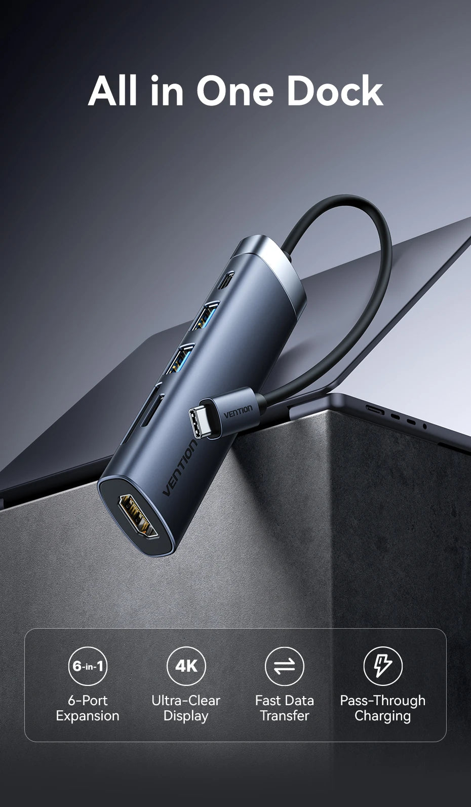 Vention USB‑C HDMI Hub | 4K30Hz, USB 3.0, SD/TF, PD 100W Multiport Adapter