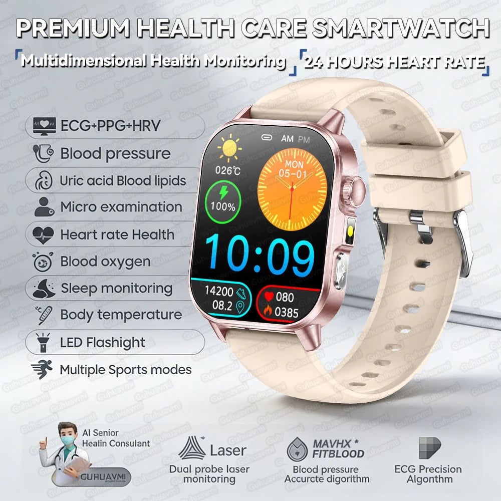 2026 New Uric Acid Blood Lipids Health Smart Watch AMOLED HD Bluetooth Call Sports Watches ECG+PPG Body Fat Smartwatch Men Women - Limetastore
