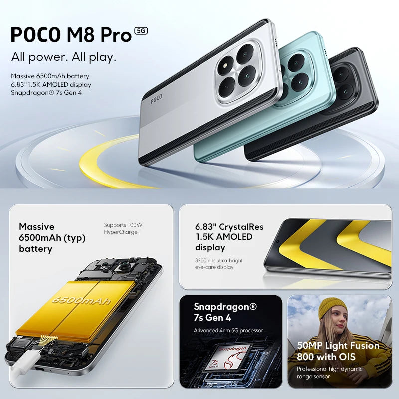 POCO M8 Pro 5G Smartphone Global Version Snapdragon® 7s Gen 4 Octa core 6500mAh battery 100W HyperCharge  6.83" CrystalRes 1.5K AMOLED display 50MP Camera NFC - Limetastore