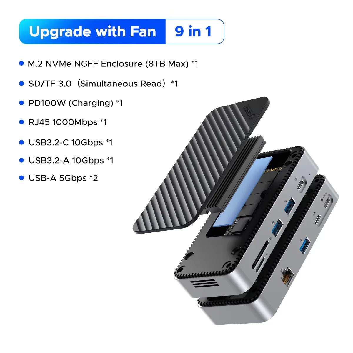 ORICO 10Gbps USB-C zaslonsko zvezdišče z ohišjem M.2 NVMe/SATA SSD, hladilnim ventilatorjem, 4K60Hz HDMI