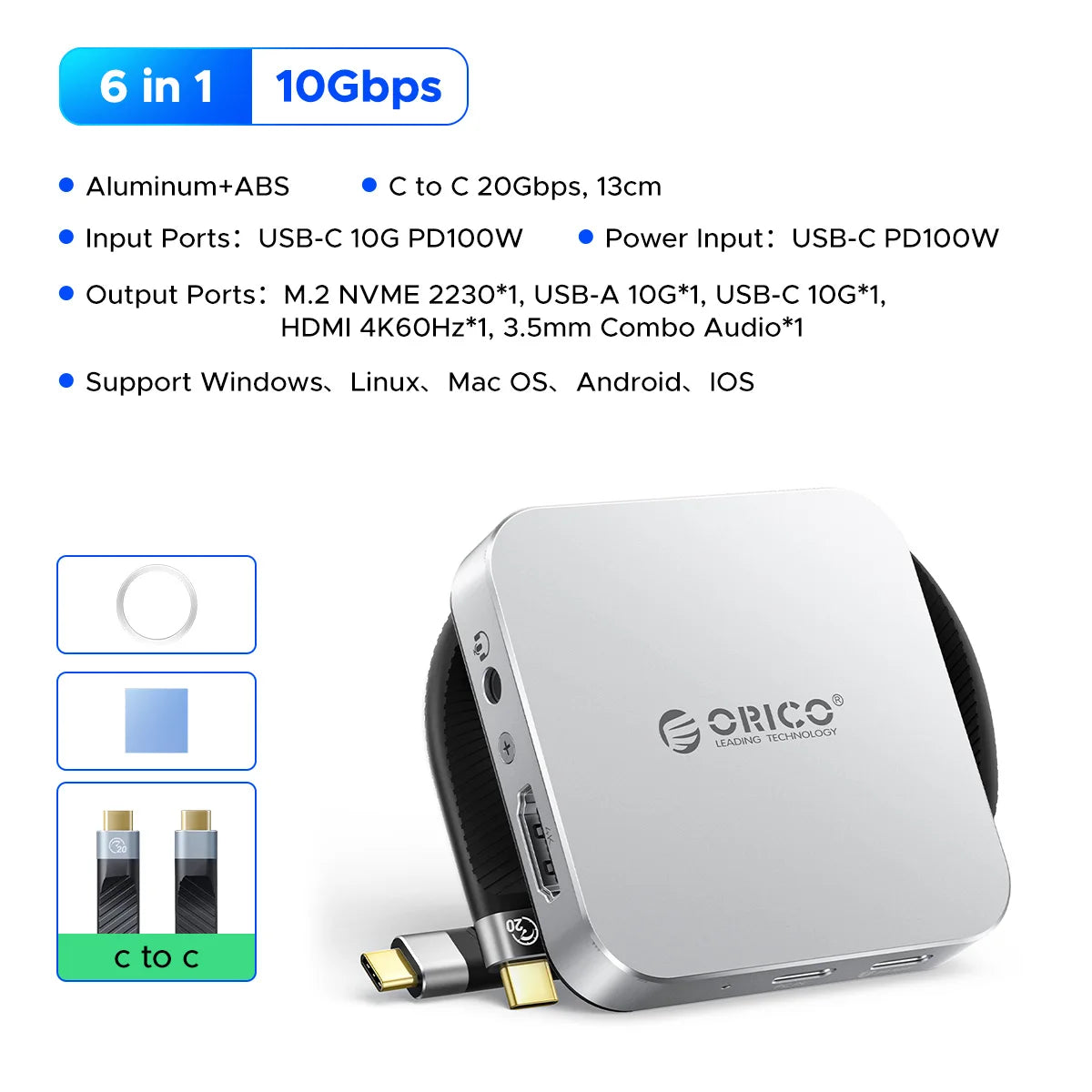 ORICO Magnetno ohišje za M.2 2230 NVMe SSD 10Gbps s HDMI 4K60Hz, SD/TF, PD100W