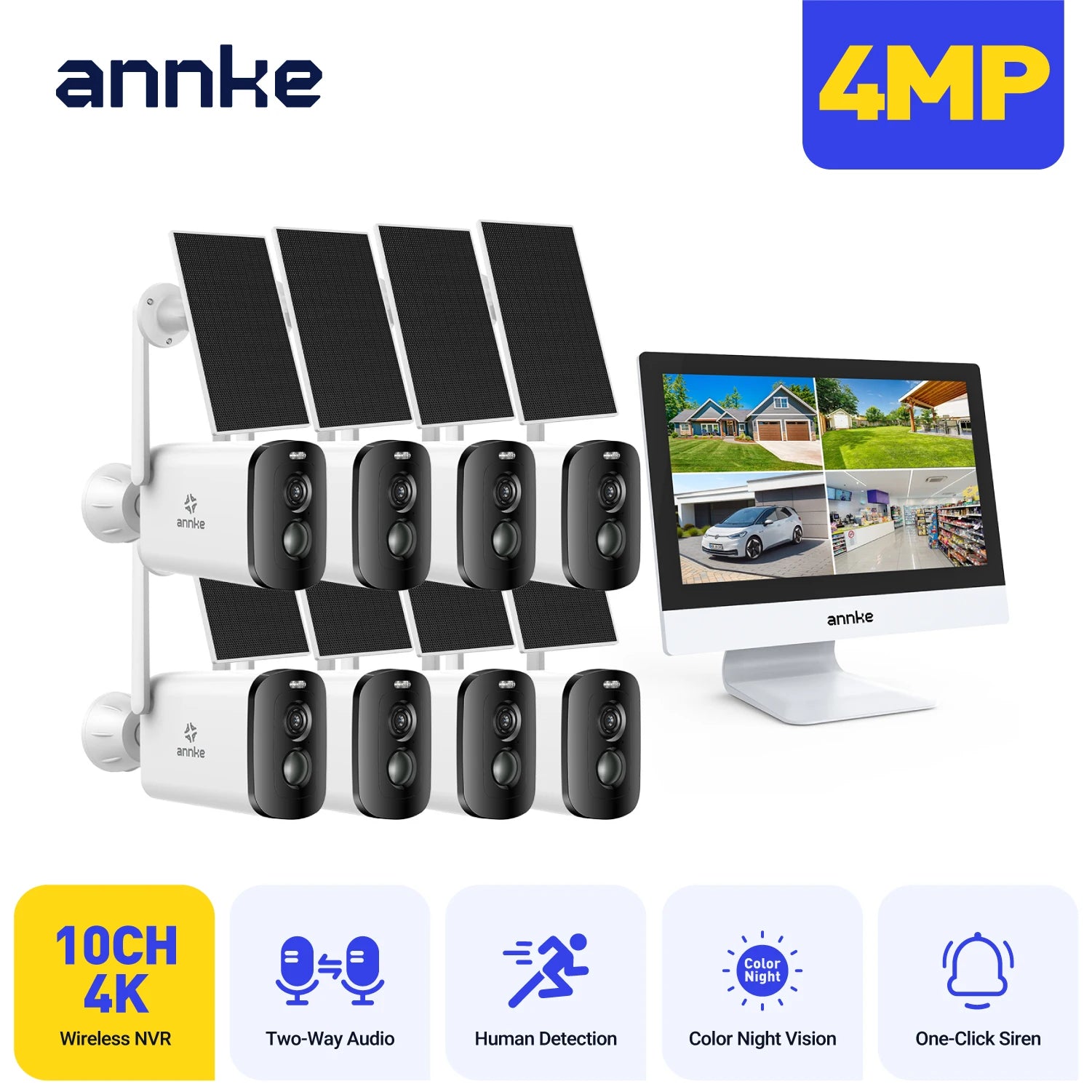 ANNKE 4MP solarni CCTV sistem | 10-kanalni NVR, 5MP PTZ WiFi kamere, PIR in barvni nočni vid