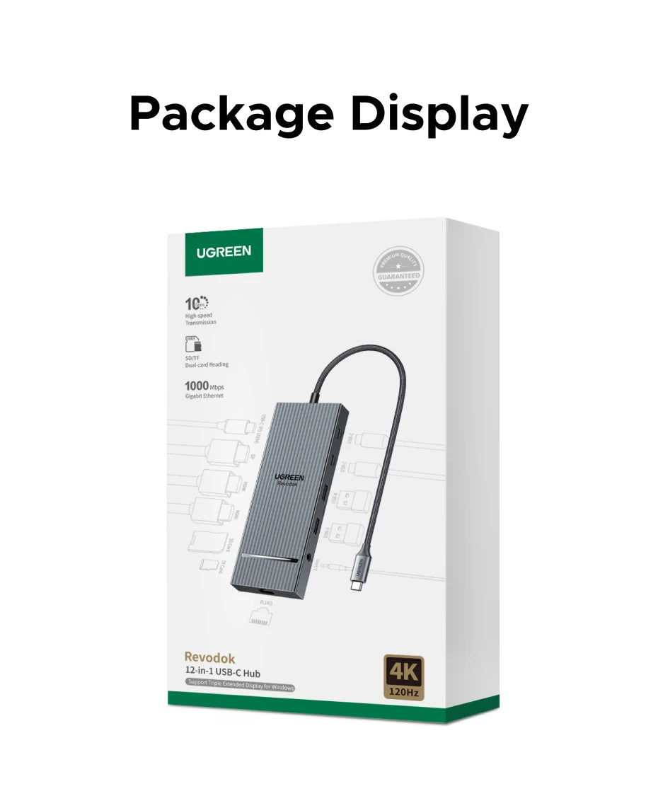 UGREEN 10‑v‑1 USB‑C zvezdišče s 4K120Hz DisplayPortom, dvojnim 4K60Hz HDMI, USB 3.2 Gen2 10Gbps