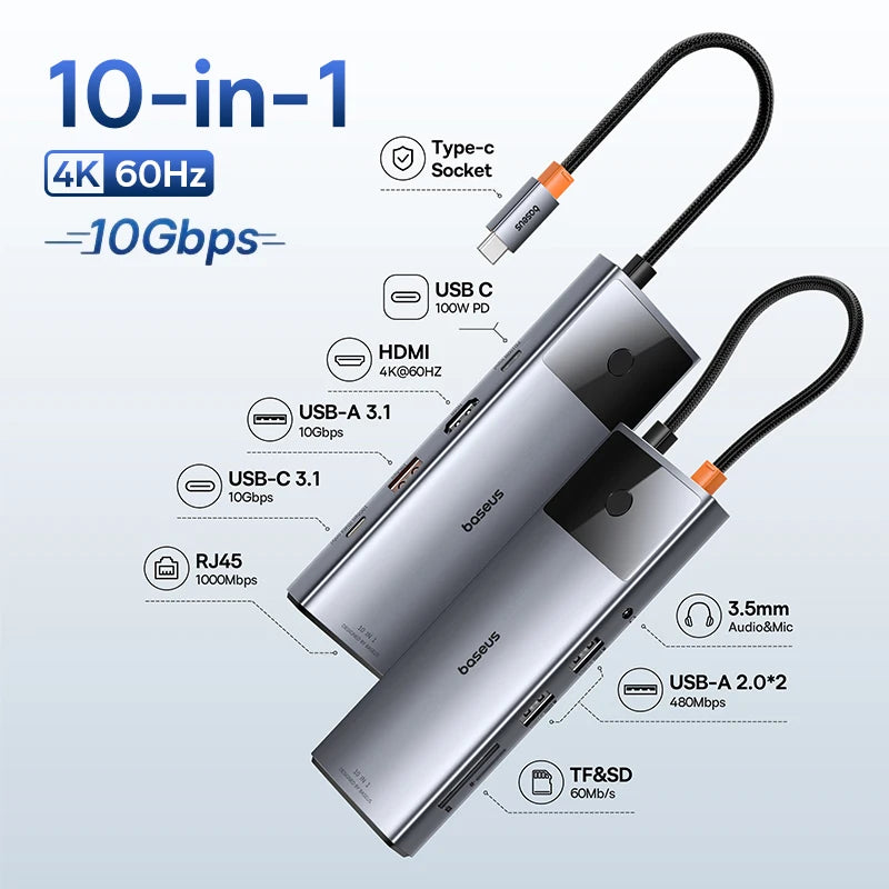 Baseus USB-C Hub | HDMI 4K, USB 3.1 10Gbps, RJ45 Ethernet, SD/TF priklopna postaja za MacBook