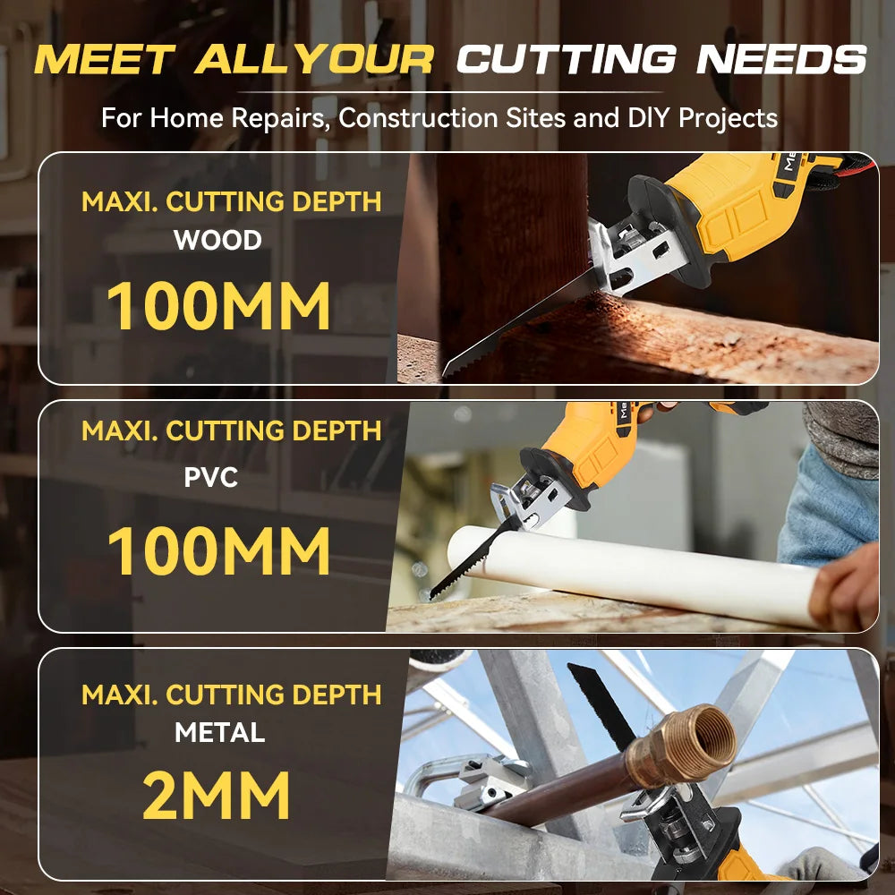 MELLWIN Cordless Electric Reciprocating Saw Multifunction Cut Saw Metal Wood PVC Pipe Cutting Tool For Makita 18VBattery Pin - Limetastore