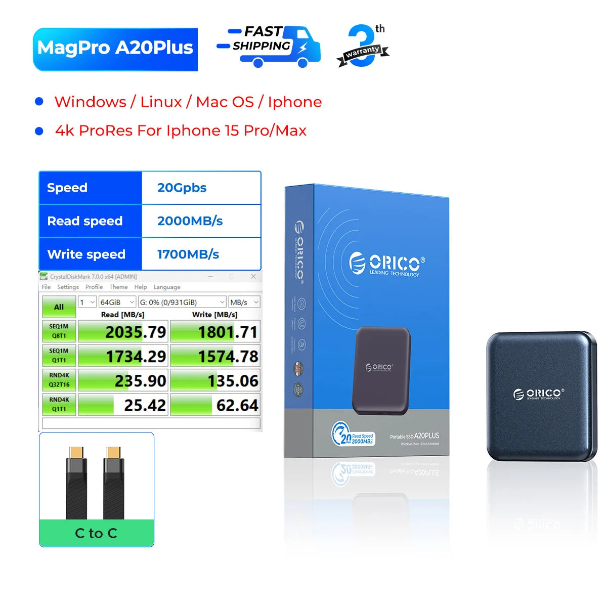 ORICO magnetni prenosni SSD USB3.2 20Gbps podpira snemanje videoposnetkov 4K ProRes za zunanji SSD disk serije iPhone 15 Pro