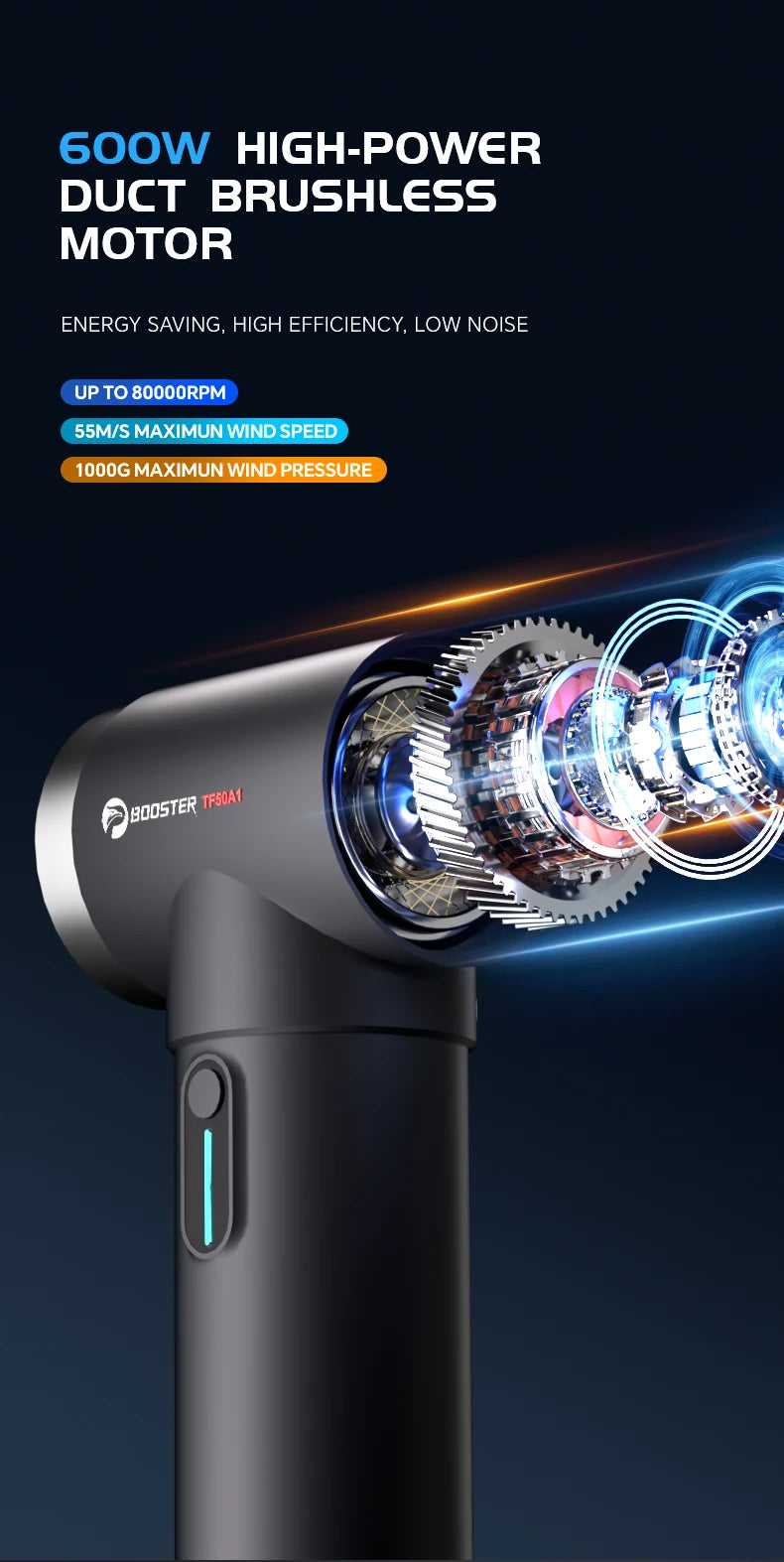Puhalo Booster TF50 – 600 W visoko zmogljivo turbo zračno puhalo | 4-stopenjski sušilnik za avtomobile, hitrost vetra 51,8 m/s