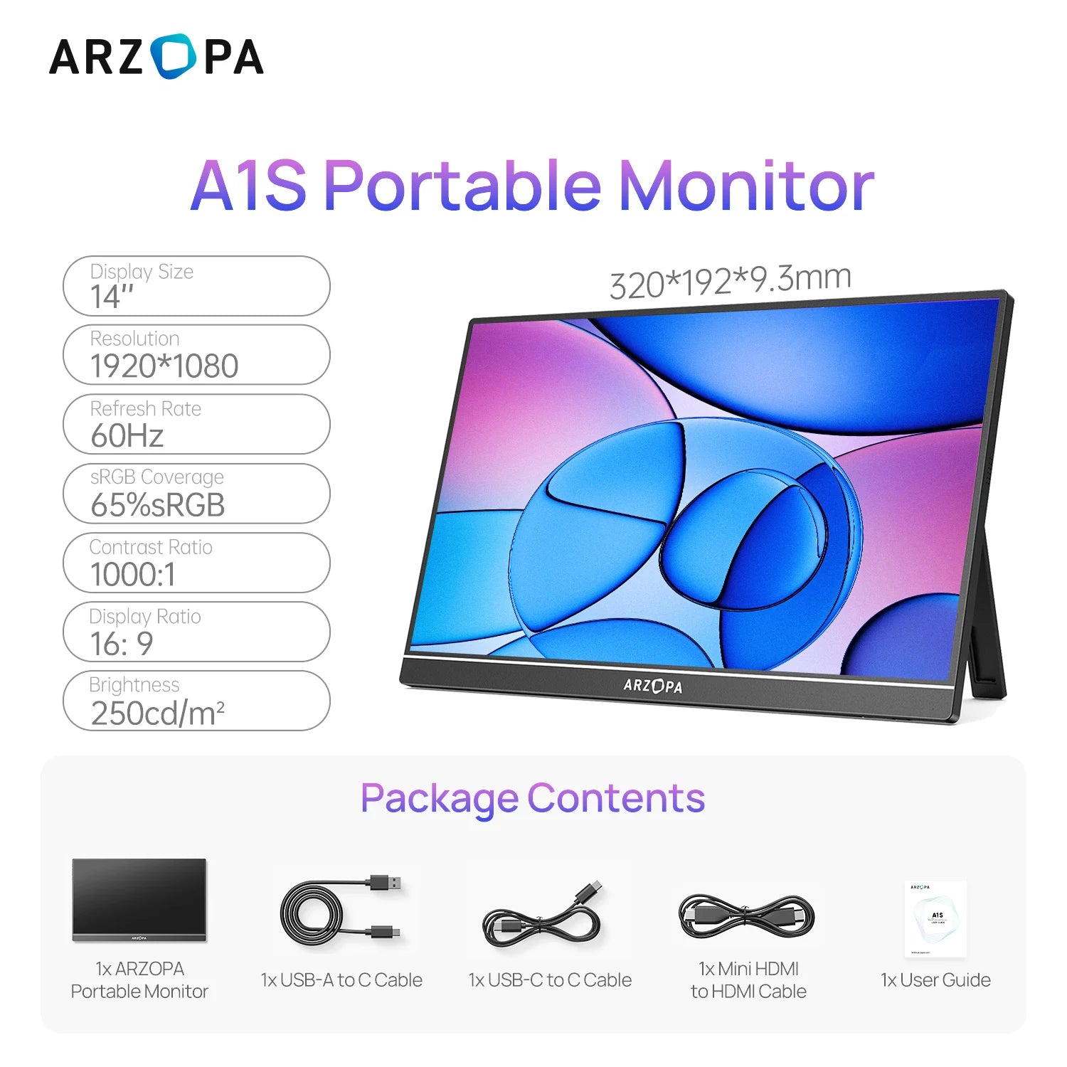 ARZOPA A1S 14" prenosni monitor | 1080P FHD, IPS, USB‑C in HDMI, izjemno tanek potovalni zaslon