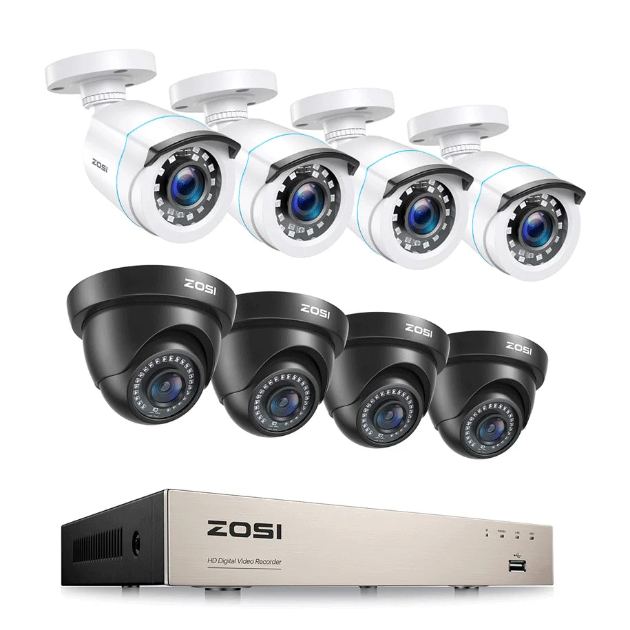 ZOSI 8CH 1080p Wired Security Camera System – H.265+ DVR Recorder with 8× 2MP Outdoor HD‑TVI CCTV Cameras
