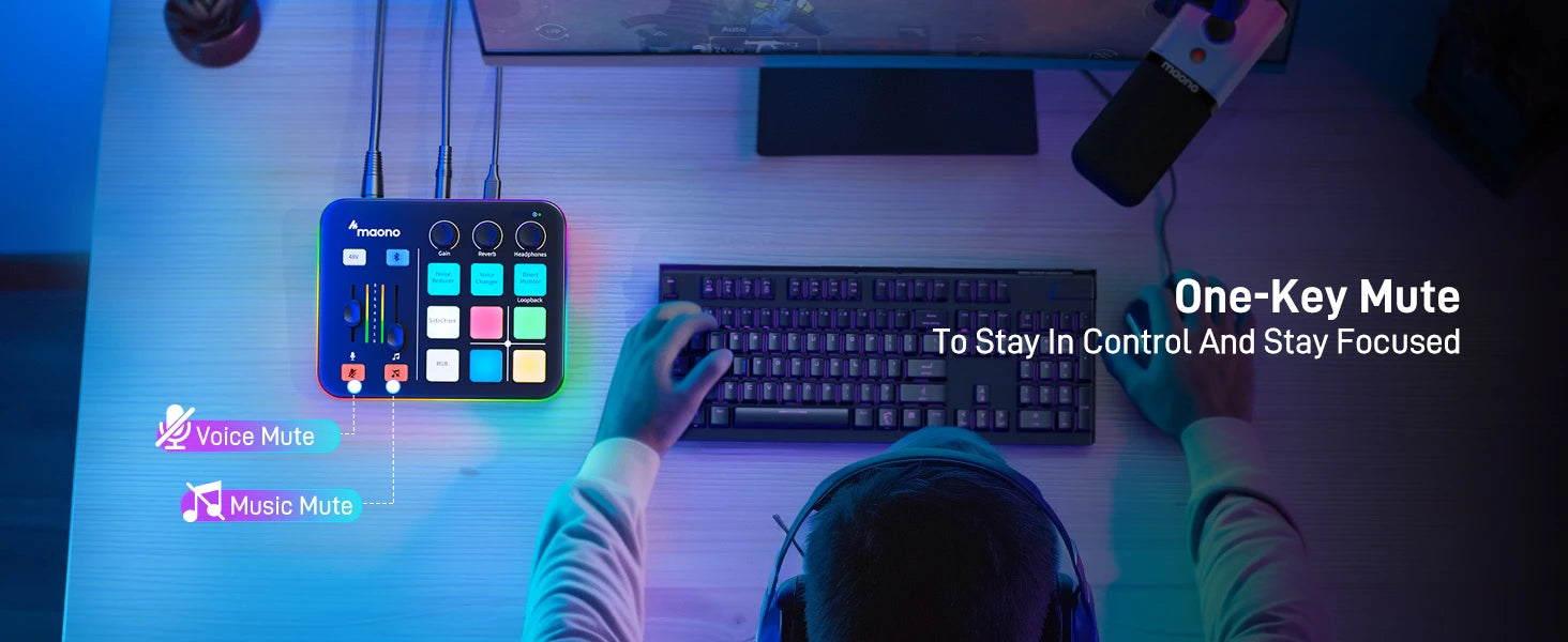 Maono G1 NEO – Gaming Audio Mixer 4‑Channel | RGB Effects, Custom Sound Pads, XLR Mic Interface, Streaming & Podcast Mixer