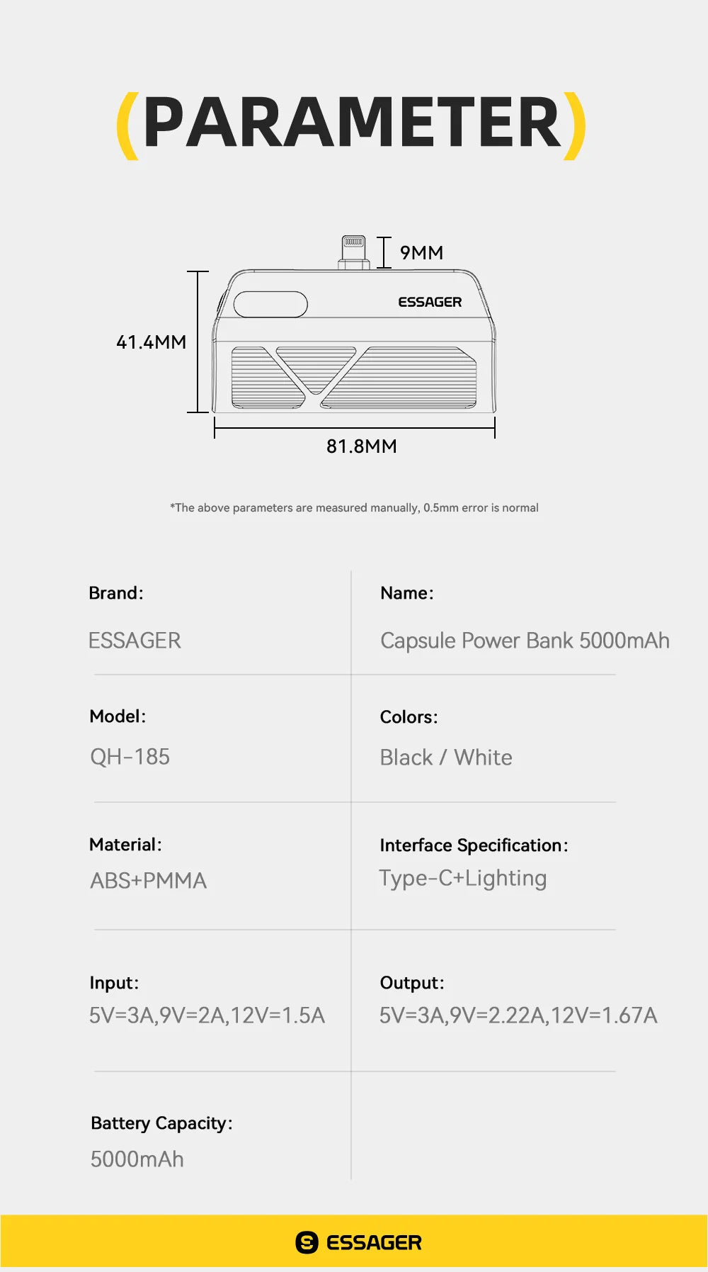 ESSAGER Mini kapsula prenosna baterija 5000 mAh 20 W PD hitro polnjenje