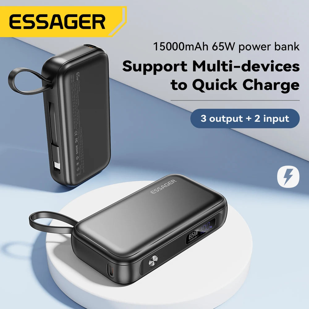 ESSAGER 15000mAh Power Bank 65W with USB-C Cable