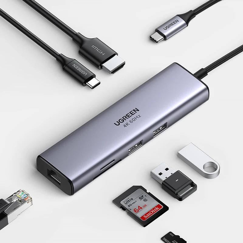 UGREEN 7-v-1 USB-C Hub s 4K60Hz HDMI, bralnikoma kartic SD/TF, USB 3.0 5Gbps, PD100W – Večvratni