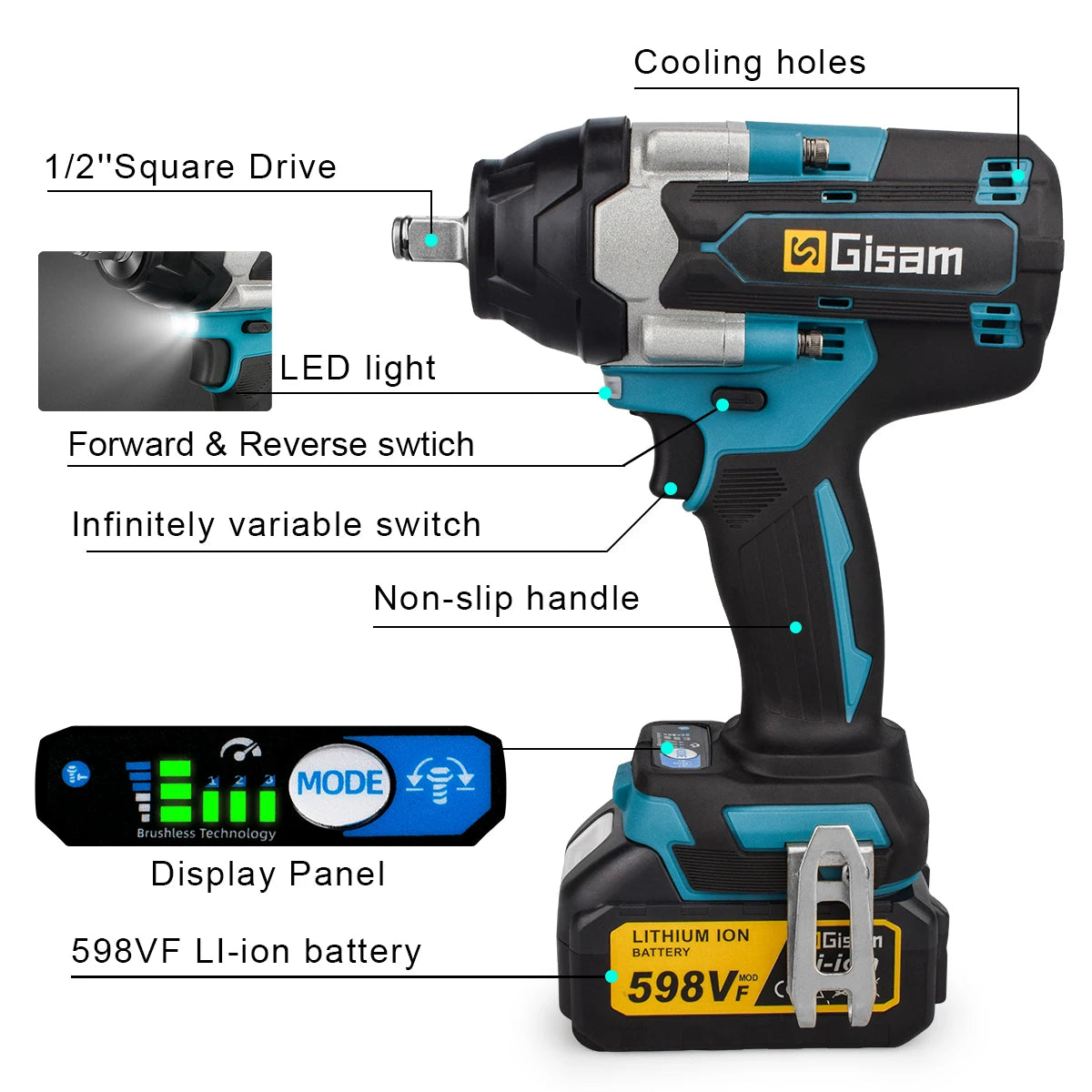1800 Nm brezkrtačni udarni vijačnik 1/2" za akumulator Makita 18 V, brezžični