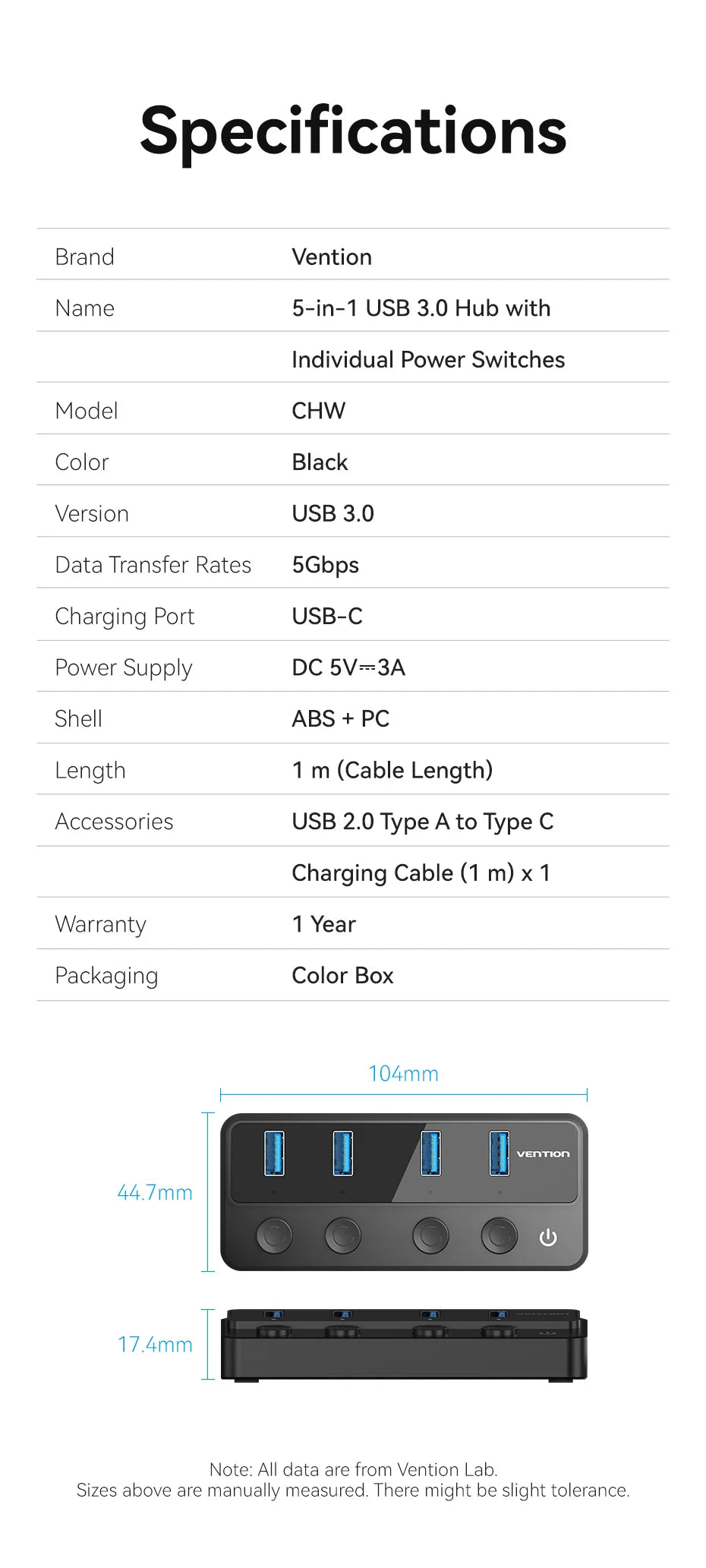 Vention USB 3.0 HUB s posameznimi stikali | 5Gbps visokohitrostni podaljšek USB-A vrat
