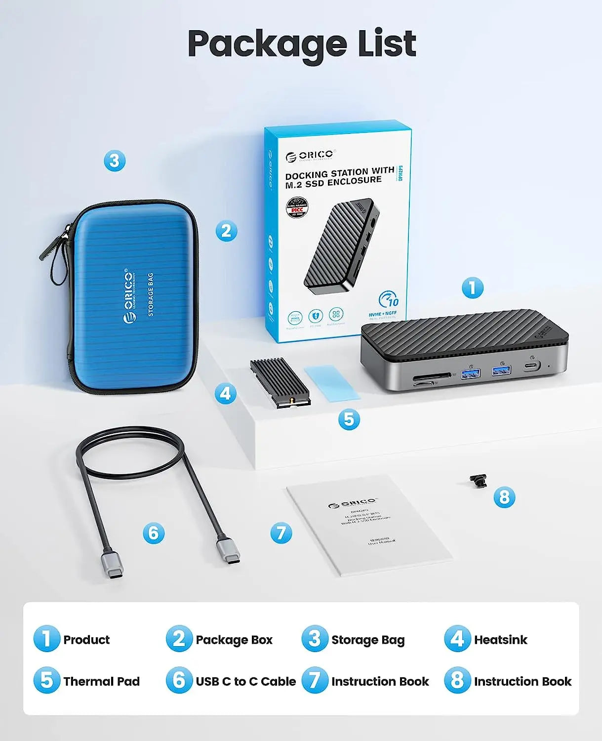 Priklopna postaja ORICO USB-C z ohišjem M.2 NVMe/SATA SSD (10 Gb/s), hladilni ventilator