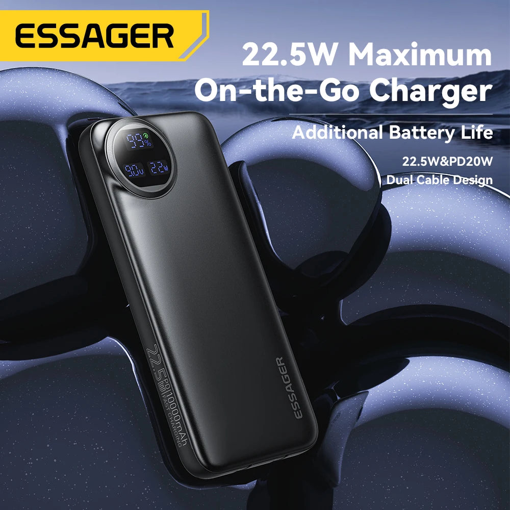 ESSAGER 22.5W prenosna baterija 20000 mAh z dvema vgrajenima kabloma