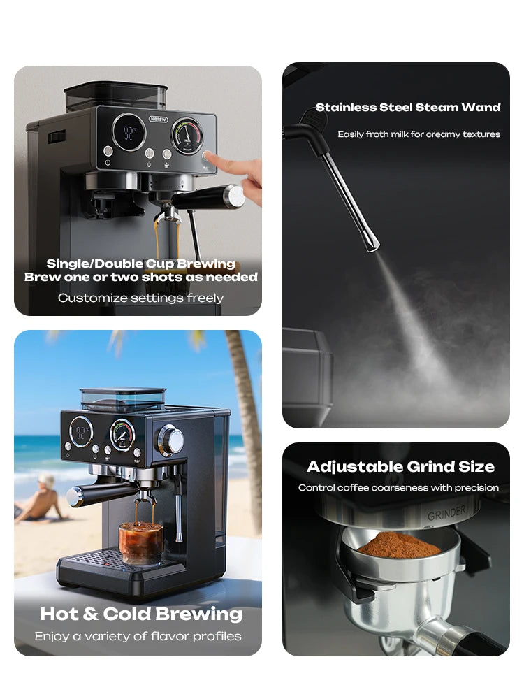 HiBREW H20 – Semi‑Automatic Espresso Machine | 20‑Bar Pressure | Built‑In Grinder with 20 Grind Settings