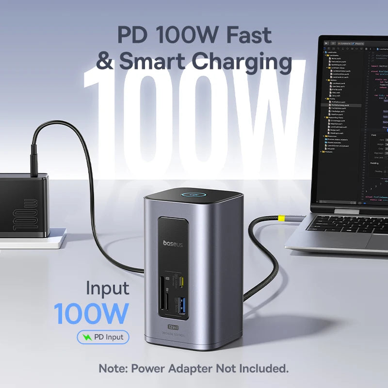 Baseus 12‑v‑1 zvezdišče USB‑C | Dvojni HDMI 4K@60Hz, USB 3.2, RJ45, SD/TF, priklopna postaja PD 100W