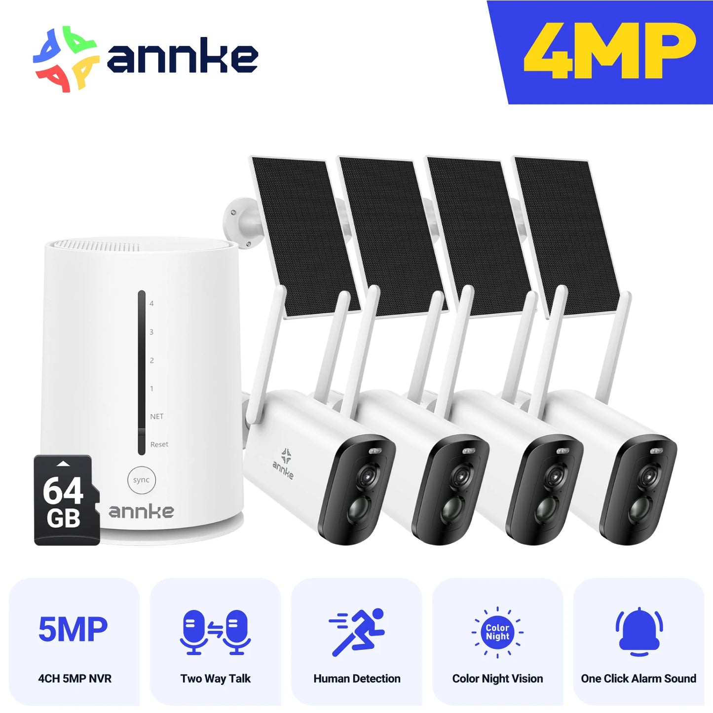 ANNKE 4MP Solar Wireless Camera System | 4CH NVR, Color Night Vision, Dual‑Band WiFi