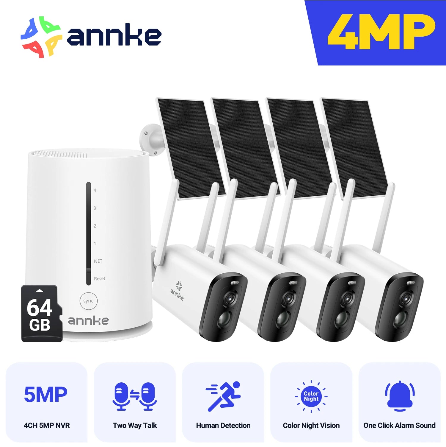 ANNKE 4MP Solar Wireless Camera System | 4CH NVR, Color Night Vision, Dual‑Band WiFi