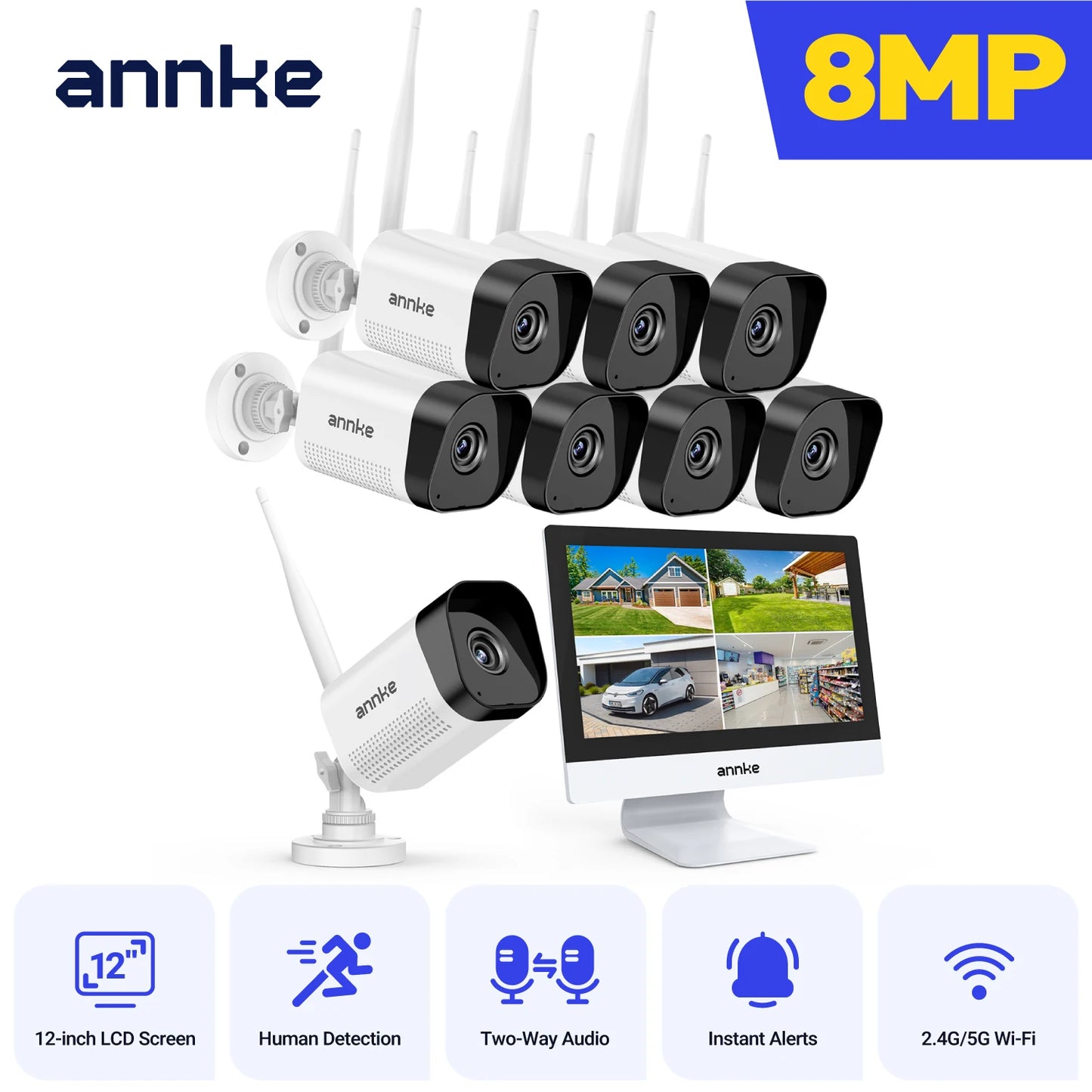 ANNKE 8MP 4K brezžični CCTV sistem | 10-kanalni NVR, dvopasovni WiFi, dvosmerni zvok, IR nočni vid