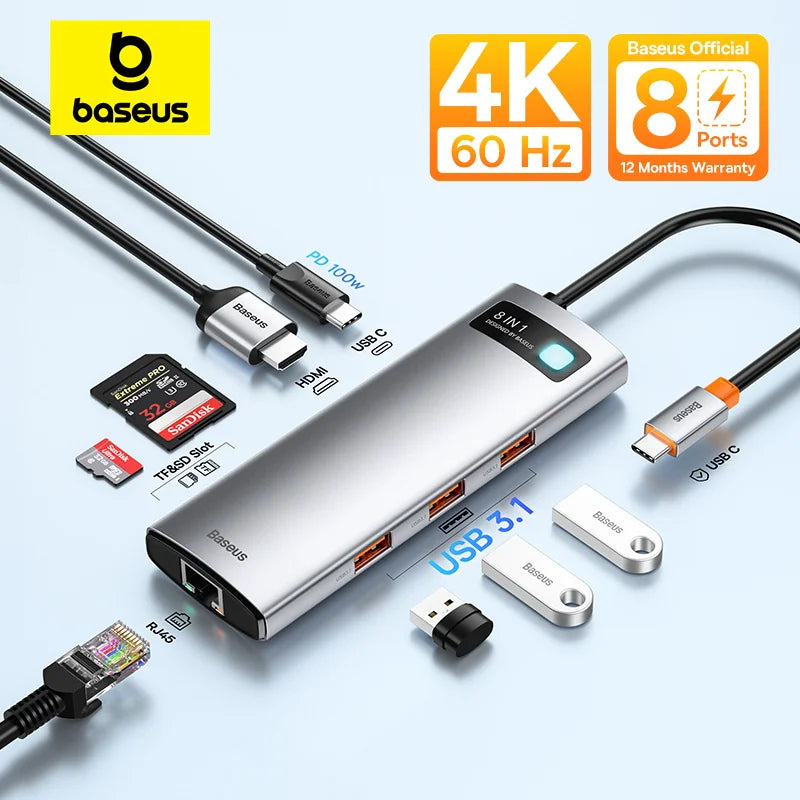 Baseus USB-C Hub | HDMI 4K, USB 3.1 10Gbps, RJ45 Ethernet, SD/TF priklopna postaja za MacBook