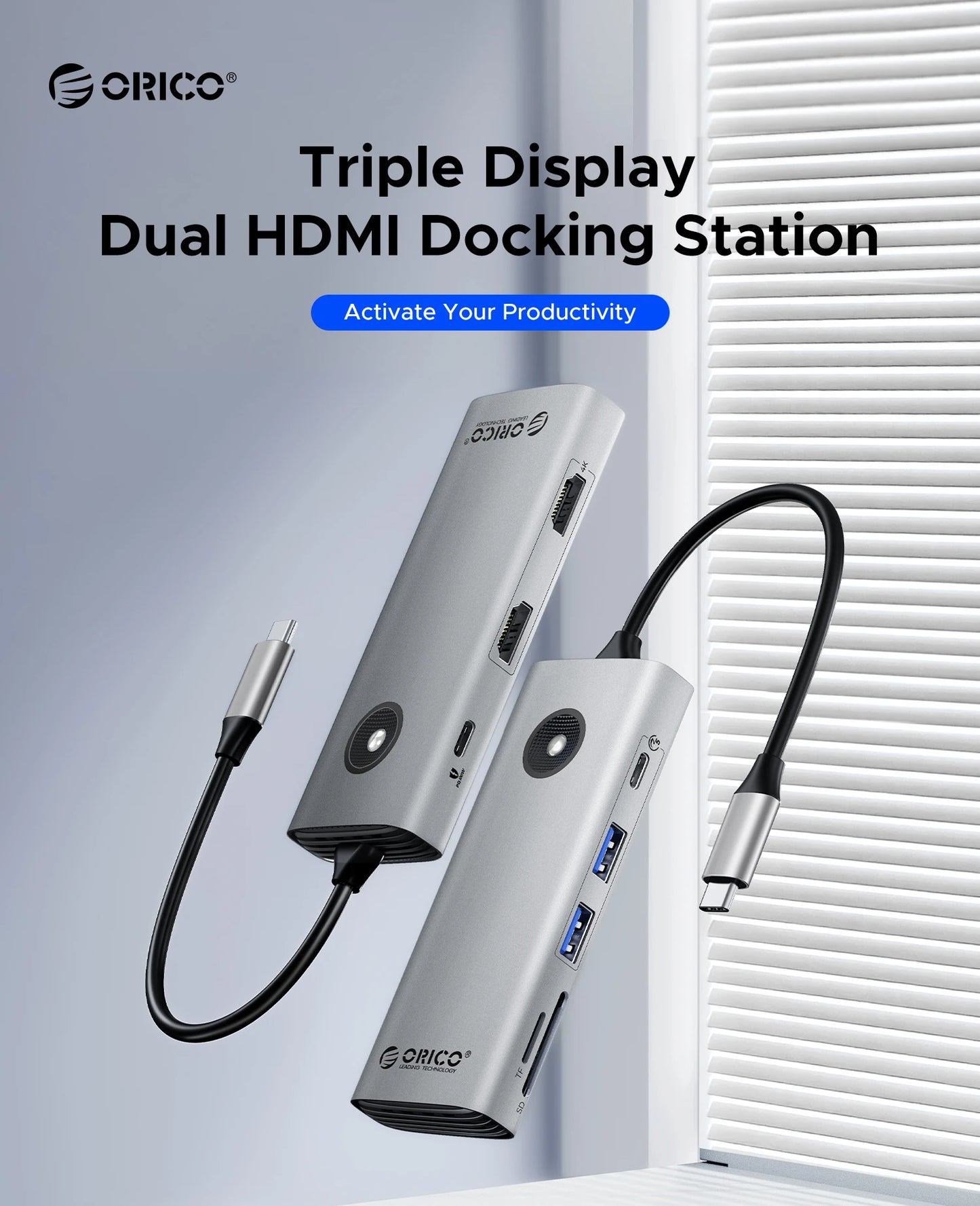 ORICO 8‑in‑1 USB‑C Hub Triple Display Docking Station with Dual HDMI 4K60Hz, USB 3.0 Ports