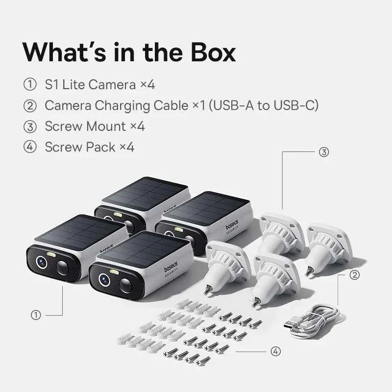Baseus Security S1 Lite Wireless Outdoor Camera 4-Cam Solar Security Camera 2K Clarity With Power 135°FOV IP67 512GB Wifi Camera - Limetastore