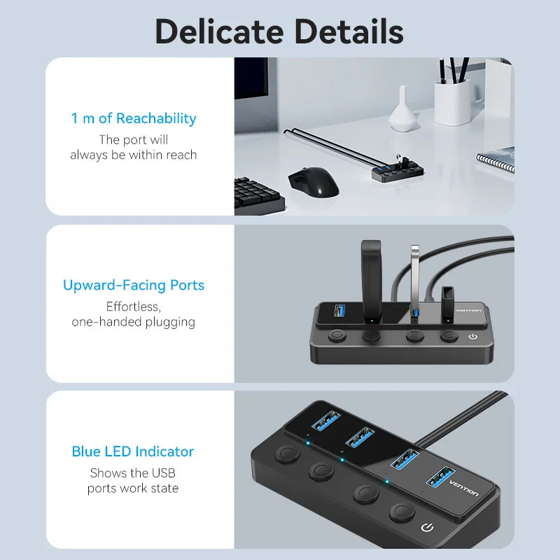 Vention USB 3.0 HUB s posameznimi stikali | 5Gbps visokohitrostni podaljšek USB-A vrat